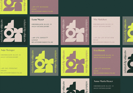 Designs for Related by Objects, featuring abstract geometric logos and earthy color palettes that reflect collaboration, sustainability, and handcrafted creativity.