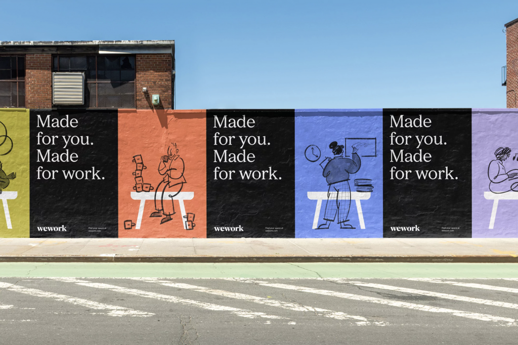 Outdoor advertising from WeWork’s rebrand by creative studio Franklyn, featuring vibrant colours, playful illustrations and bold typography with the slogan “Made for you. Made for work.”