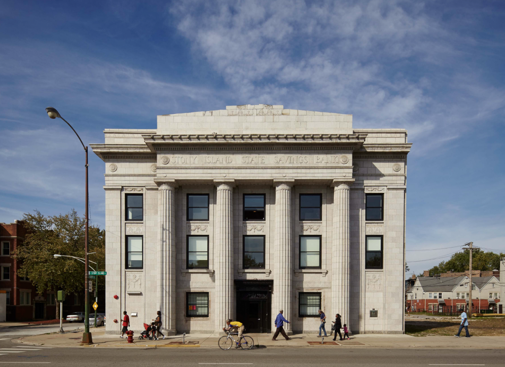 Exterior of Stony Island Arts Bank in Chicago, a former bank transformed into a community arts and cultural space by Theaster Gates.