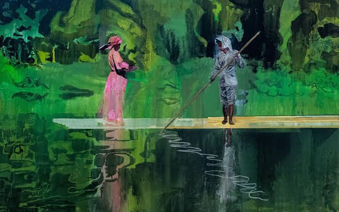 Painting of a lady and man on a boat with the man rowing in a jungle scene by Hurvin Anderson
